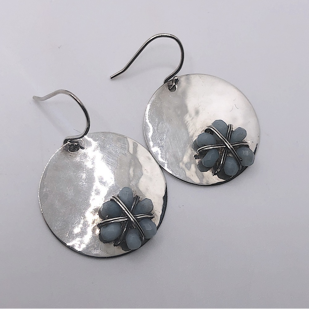 Silpada Sterling Silver Round Circle Floral Blue Quartzite Flower Earrings 1.6”